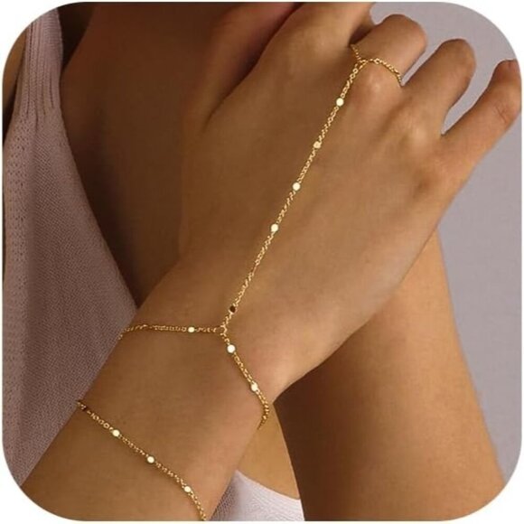 14K Dainty Gold Plated Stackable Link Chain Ring Bracelet Hand Chain for Women - Picture 1 of 7